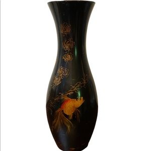 Black Lacquer Wood Goldfish Koi Vase Signed Vietnam **AS IS** Asian Art Vintage
